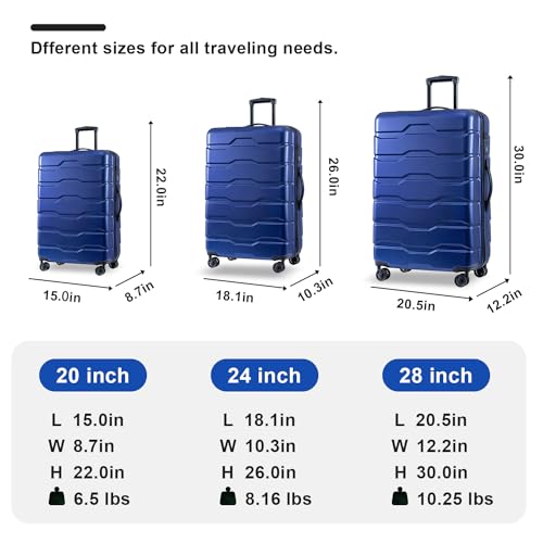 Luggage Sets ABS+PC Hardshell 3pcs Clearance Luggage Hardside Lightweight Durable Suitcase sets Spinner Wheels Suitcase with TSA Lock (20/24/28), BLUE3