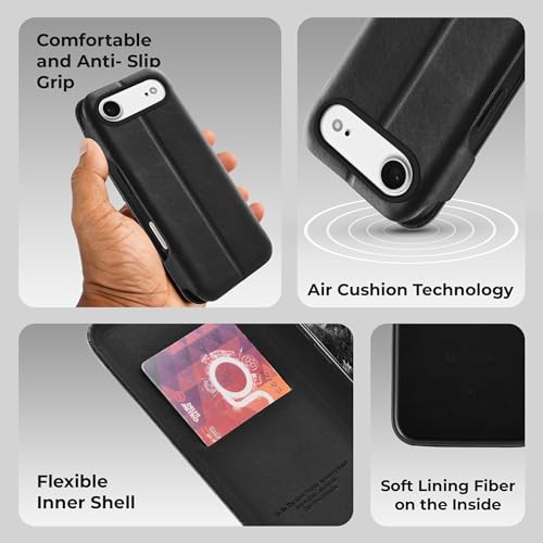 Image of PULOKA Premium Leather Flip Cover Compatible with iPhone 17 AIR - Slim Magnetic Lock Wallet Case with Card Slot, Shockproof TPU Inner, Full Body Protection & Raised Camera Guard (Black)