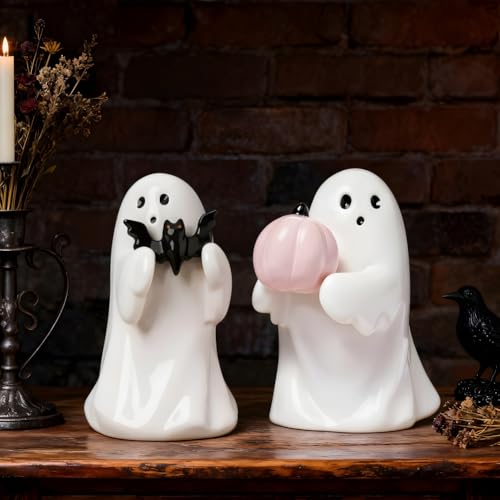 SKIPTHYBER Halloween Deko Geist Statue, Gruselig Geister Harz Statue Geister Figuren mit Kürbis Fledermaus für Halloween Innen Skulptur Tabletop Deko (2PCS)