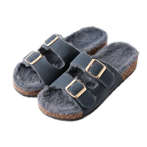 Roxoni Women's Open Toe Feather Slipper with Adjustable Double Buckle Cozy Cork Slide Sandal