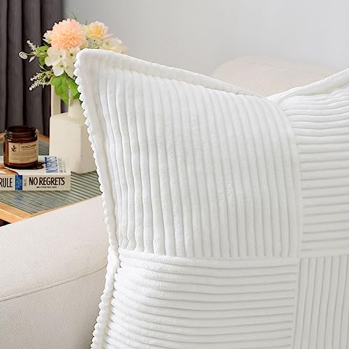 Haussy Pure White Throw Pillow Covers 20X20 Inch Set Of 2,Soft Solid Corduroy Striped/Wide Bordered,Square Decorative Cushion Case,Winter Home Decorations thumb #1