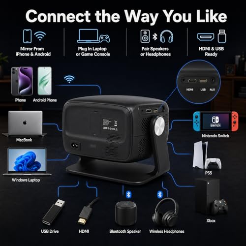 [Built in APP & Auto Focus] Native 1080P 4K Support Projector with Bluetooth 5.4 and Wifi 6 Portable Full HD, 180° Ceiling Rotation, Auto Keystone Real 560 ANSI Movie Projector for Bedroom, Outdoor - Thumbnail 6