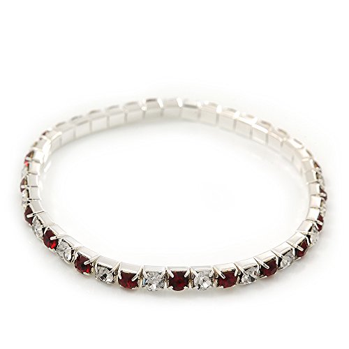 Avalaya Slim Burgundy Red/Clear Diamante Flex Bracelet In Silver Plating