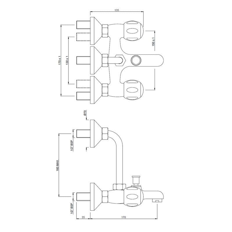 Image of JAQUAR CLARION Wall Mixer with Provision for overhead Shower with 115mm Long Bend Pipe on Upper Side, Connecting Legs & Wall Flanges