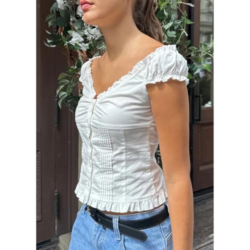 Women's Summer Button Down Crop Tops Cap Sleeve Y2k Slim Fitted Shirts Babydoll Coquette Tops Blouse3
