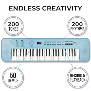 RockJam 49 Key Keyboard Piano, Portable Electronic Music Keyboard with Speakers, USB-C Power or Battery Operation, Headphone Input, 200 Tones, 200 Rhythms, Note Stickers & Lessons