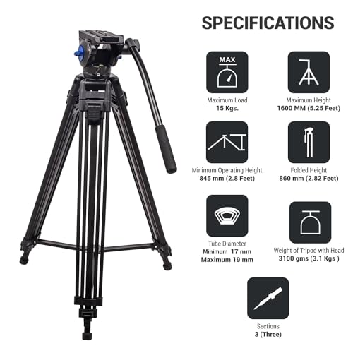 Image of DIGITEK (DPTR 601 VD) 160CM Professional Heavy Duty Tripod with 2-Way Pan Head & Rubberized Leg, 15kg Max Load, Lightweight 3.1kg, 3-Section Adjustment, Idea for DSLR, Digital Video Cameras