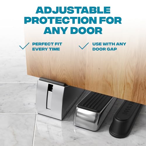 Image of STRONGEST HOME Stoppers for Bottom of Door - Heavy Duty Metal Rubber Door Stopper, Non-Slip Door Stop for Heavy Doors, Works on Wood, Tile & Carpet Floors, Folding Chrome 1 PC + White Wall Protectors