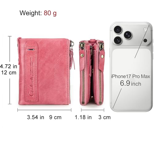 Image of CONTACTS Soft Leather Wallet for Women Small Bifold Coin Purse Double Zipper Card Holder with RFID Blocking (Watermelon Red)