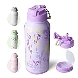 BOTTLE BOTTLE Botella de agua aislada de 32 onzas, botella de agua deportiva de acero inoxidable con pajilla, diseño de tapa de doble uso para gimnasio con pastillero (morado cultivado)