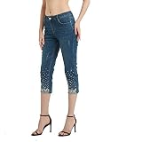 Lisskolo Womens Capri Jeans for Women Stretch Denim Capris Embroidered Jean Pants Size 16 Blue