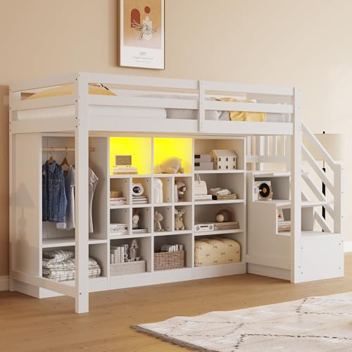 DUlVBPE Cama alta de 90 x 200 cm, con armarios de almacenamiento con varios compartimentos y un sencillo armario, con iluminación LED, estructura de cama y escalera lateral integrada con espacio de