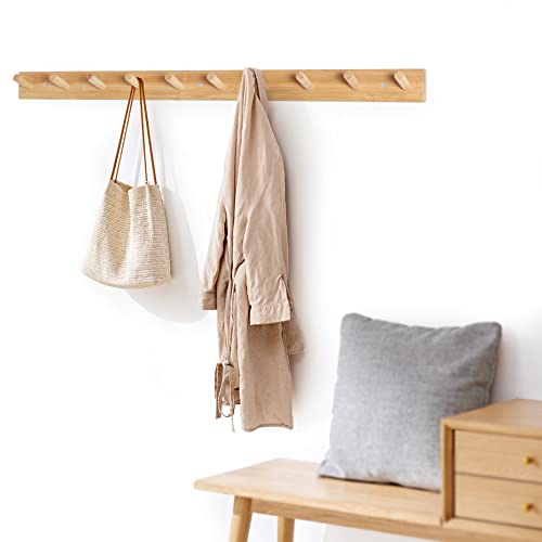 Skoloo Wood Coat Rack Wall Mounted,10 Peg Long Bamboo Hook For Hanging Backpack Coat Towel Hat,16'' Hole To Hole,Natural #TOP2