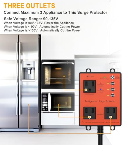 Refrigerator Surge Protector, 3-Outlet 120V for Home Appliance Surge Protector, Time Delay, LED Indicator Light & 110dB Alarm, Protects Against Voltage Abnormalities, Brownout, Spike, Instant Surge
