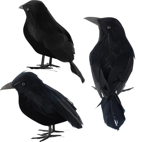 AEVBSOY 3 Pack Black-Feathered Crows Halloween Decorations - Realistic...
