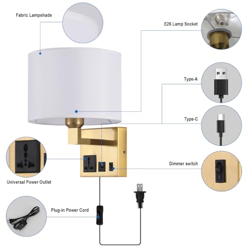Image of Plug in Wall Light, Wall Lamp with Brass Base Cylindrical Shape | Wall Light for Living Room Bedroom Hotel, Bedside Lamp Bulb Included, Wall Mounted Lamp with AC Outlet & USBA+C Charging Port