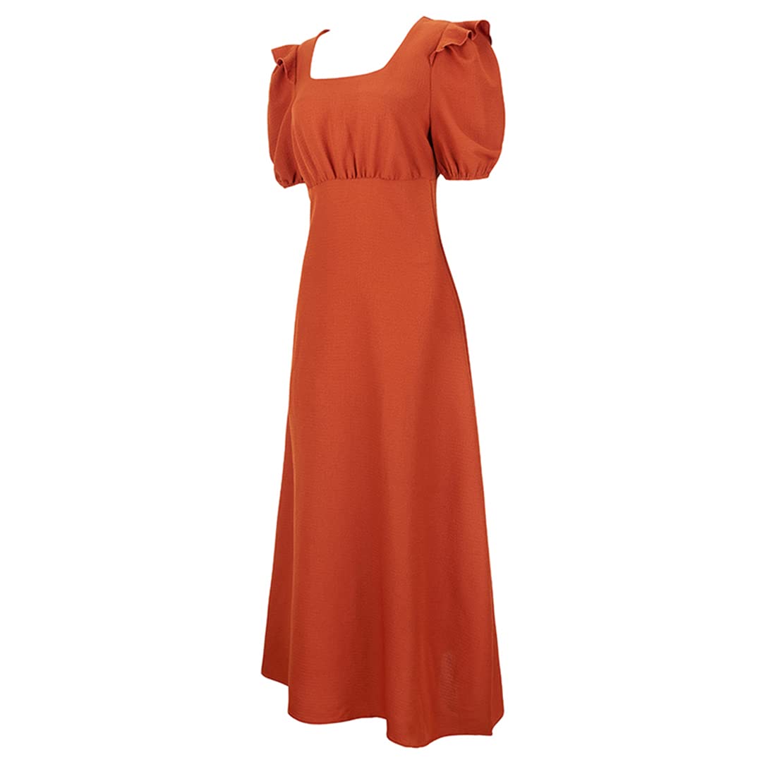 Vestido de oficina para mujer, cuello redondo, manga abombada, de verano, de cintura alta, ajustado, para fiesta