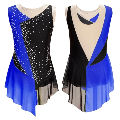 BNDDZBN Gymnastics Leotards for Girls Girls Sparkly Rhinestone Skating Leotard Sheer Mesh Bodysuit(Blue,12)