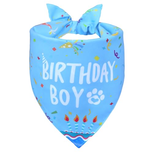 WoffBow Dog Birthday Boy Bandana for Medium Large Dogs - Reversible Blue Confetti Tie-On Scarf Happy Birthday Party Outfit Puppy Gift 14-18 Neck