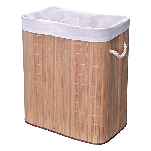 Mimo Style Cesto Duplo de Bambu Com Tampa para Roupas Sujas. Ideal para Lavanderia, Área de Serviço,