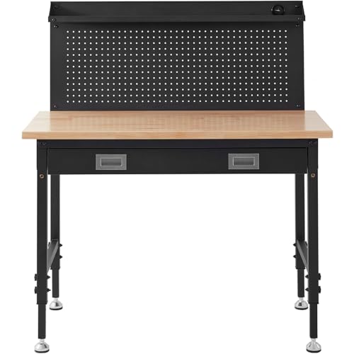 Happybuy Workbench Adjustable Height 28-39.5', Garage Work Bench, Oak Plank & Carbon Steel, 2000lbs Capacity, 48x24 Bench Top, 3m Cable, 30 Hooks