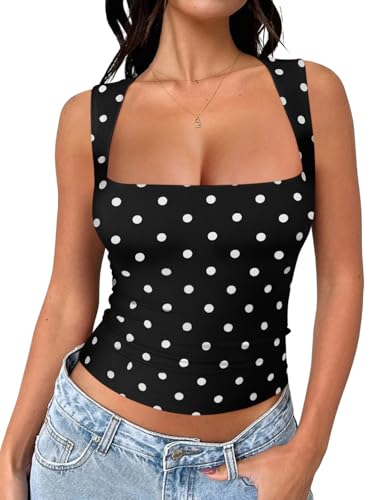 REORIA Womens Sexy Square Neck Crop Tops Going Out Basic Square Neck Summer Casual Corset Tank Tops Preppy Party Night Club Concert Workout Clothes Black with White Polka Dots Small