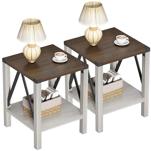 Treocho Farmhouse End Table Set of 2, Rustic Vintage Nightstand Side Table with Shelf for Living Room, Antique White & Brown
