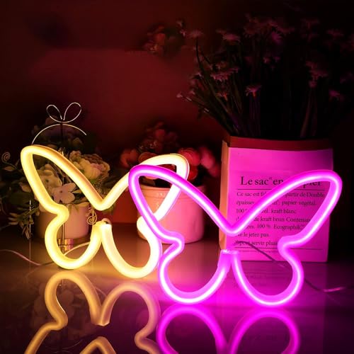 2 señales de luz de neón LED, letreros de neón de mariposa, luces nocturnas para el hogar, lámparas decorativas para dormitorio de niños, arte de pared, regalo romántico de cumpleaños de Navidad