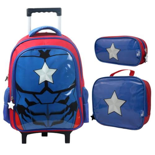 Kit Mochila De Rodinha Lancheira Térmica e Estojo Super Star YS42168 (Azul)