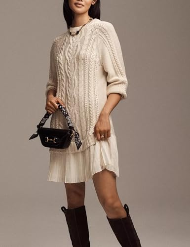 Shiyifa Womens Cable Knit Sweater Dress Crewneck Patchwork Pleated Dresses Twofer Style Long Sleeve Mini Dress 20254