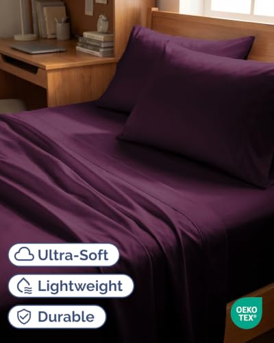 Image of Twin 4 Piece Bed Sheet Set - Breathable & Cooling Sheets - Deep Purple
