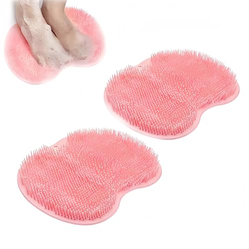 Shower Foot Scrubber Mat, Upgrade Silicone Shower Foot Scrubber Mat Slip Suction Cups Foots Scrubbers, Foots Back Scrubbers Exfoliating Bath Wash Pad Back Washer for Men and Women (Pink 2 Pcs)