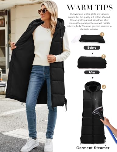 Tuopuda Chaleco Acolchado Mujer Invierno Chaleco de Plumas Chaquetas Largo sin Mangas Chaleco con Bolsillos Abrigos con Capucha(Negro,XL) - imagen 5