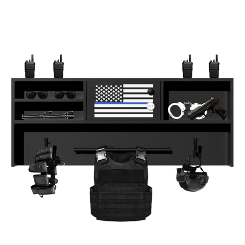 Police Gear Stand, Lockable Alloy Steel Wall Mounted, Tactical Gear Wall Mount with Bonus Flag, Duty Equipment Storage for Fire Station, Police Office, Bar & Club Duty Gear Rack Police