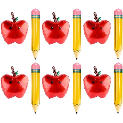 12 Pcs Back to School Balloons Inflatable Apple Balloons + Pencil Balloons for Back to School Decorations First Day of School Decors for Classroom (Pump Included)