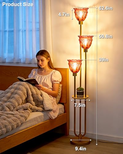 Image of Lightdot Glass Floor Lamp with 5Lbs Heavy Base for Living Room Modern Gold Floor Lamp with Rose Red Glass Shade & 3000K Bulbs Included Tall Standing Lamp with Foot Switch for Sofa Beside /Corner Decor