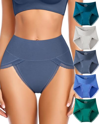 UMMISS High Waisted Cotton Underwear for Women Tummy Control Panties Full Coverage Ladies Briefs 5 Pack L