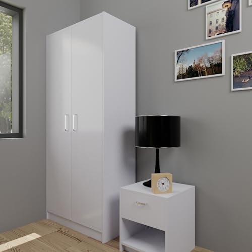Image of VIKI Wardrobe | Wooden Almirah for Clothes,Door for Bedroom, 2 Door Wardrobe with Door & Hanging Space (Frosty White - 40D x 80W x 180H) | 1 Year Warranty