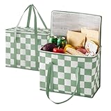 Ohocut Sage Green Checkered Insulated Grocery Bags 2 Pack, Checkerboard Cooler Shopping Bags for Groceries, Insulated Bags for Food Delivery