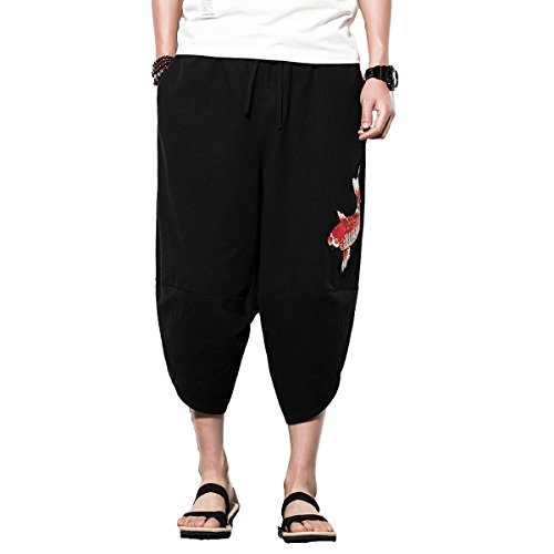 Invachi Men's Linen Harem Capri Pants Lightweight Elastic Waist Casual Baggy Pants Beach Yoga Trousers A-Black #TOP1