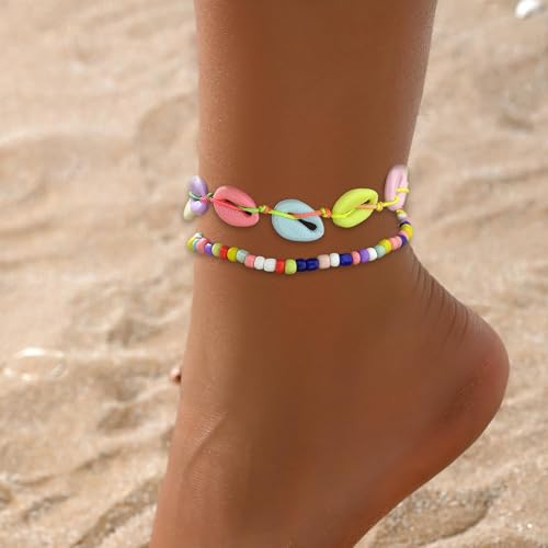 Image of Shell Anklets for Women Shell Beach Jewelry Accessories White Pink Black Flower Ankle Bracelet Summer Vacation Dress Outfits