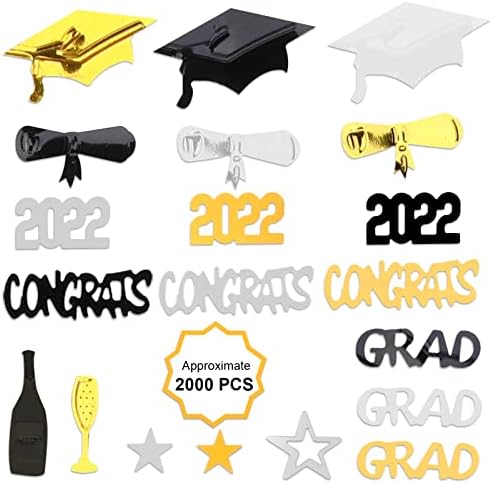 HOWAF 2022 Graduation Confetti, 2 Oz/ 1500 Pieces, Graduation Table Decorations Gold, Black, Silver CONGRATS, Stars, 2021, Cap, Goblet, Diploma Confetti