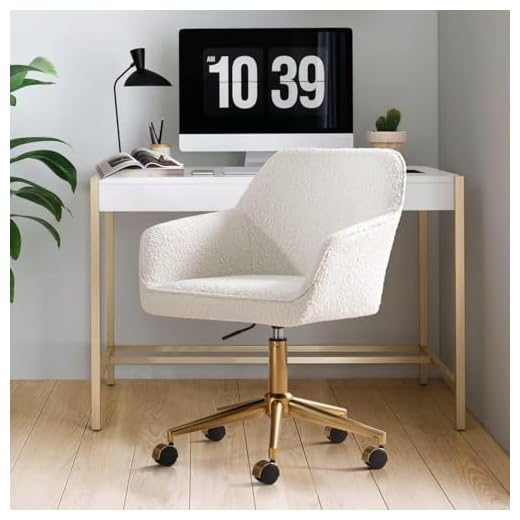 Zesthouse Modern Desk Chair with Wheels, White Swivel Vanity Chair for Girls Women, Upholstered Home Office Chair Boucle Armchair for Bedroom, Height Adjustable Computer Task Chair, Gold Base