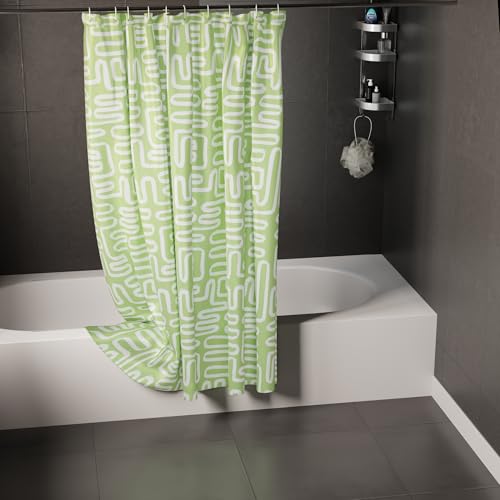 Image of Encasa XO Bathroom Shower Curtain 6 Feet with 10 Hooks | (56x72 in) Quick Dry Heavy Printed Polyester Fabric Bathroom Curtains Waterproof | Machine Washable, Mould & Mildew Resistant - Boho Maze Sage
