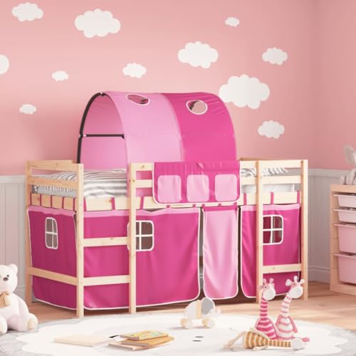 Festnight Cama Alta para Niños con Túnel y Cortinas, Cama Litera de Madera, con Baryillas y Espacio de Almacenamiento, Mueble Mobiliario Dormitorio Infantil, Natural y Rosa 90x190 cm