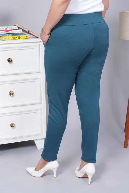 Image of Mlada Women's Solid Cotton Lycra High Waist Ankle Length Tummy Tucker Jeggings Trouser with 2 Side Pockets | Office Wear Summer Pants | Regular Fit, Stretchable, Comfortable & Stylish Everyday Bottoms