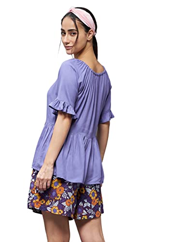 Image of Miss Chase Women's Lavender Round Neck Short Sleeve Floral Front Placket Short Top & Shorts Sets