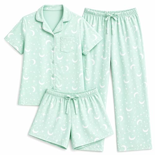 US Angels Girls Pajama Set 3 Piece, Short Sleeve Button Down PJs with Shorts & Pants, Soft Sleepwear Girls & Tweens Size 5-16 Mint