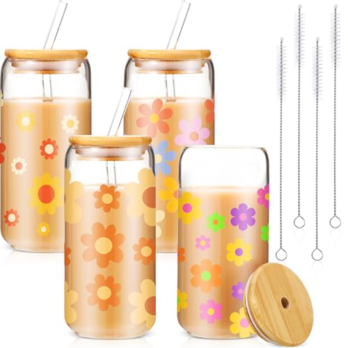 Cunhill 4 tazas de café helado con tapa de bambú y pajita, 473 ml, diseño de flores, margaritas, mariposa, verano, con forma de lata, vasos de agradecimiento, graduación, empleados, compañeros de