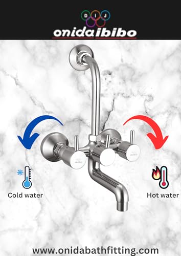 Image of Onida Ibibo Brass Wall Mixer with 115 mm Long Bend Pipe (Flora Collection) | Provision for Overhead Shower | Heavy Brass Body- Chrome finish